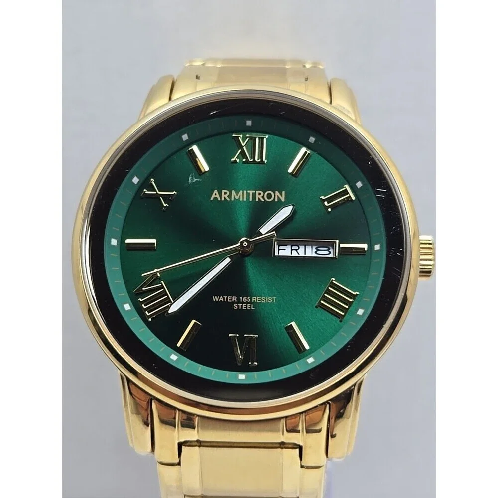 Armitron Mens Gold Tone Green Dial Day Date Quartz Watch 20/4935GP New Battery